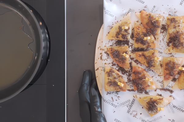 Mini empanadilla de morcilla con miel, queso viejo y trufa rallada