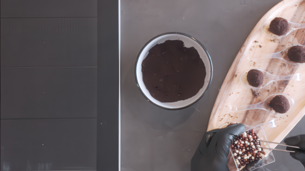 Mini trufas de chocolate negro y queso trufado sobre cama de trufa rallada y crispis de choco