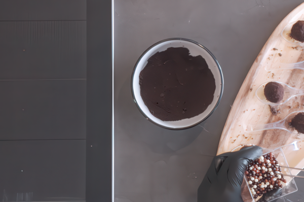 Mini trufas de chocolate negro y queso trufado sobre cama de trufa rallada y crispis de choco